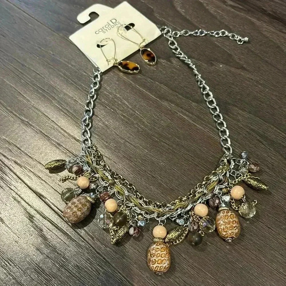 carolD Studio Tiger Eye earrings/necklace set,silver tone chain tan/brown bobble - Picture 8 of 9